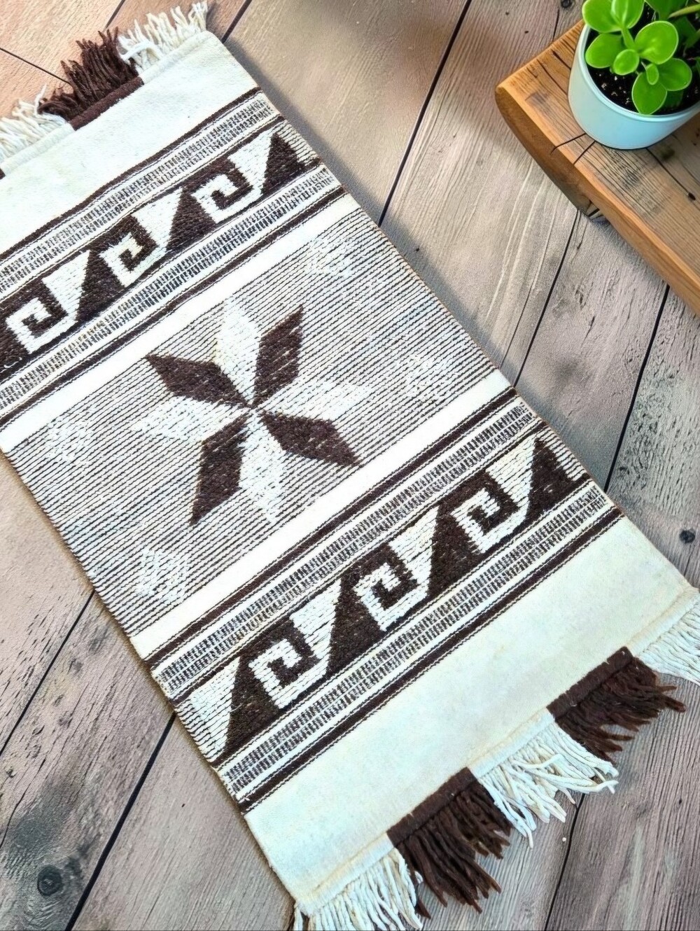 Mexican Zapotec Woven Wool Saddle Blanket Southwest Accent Rug Brown & Cream